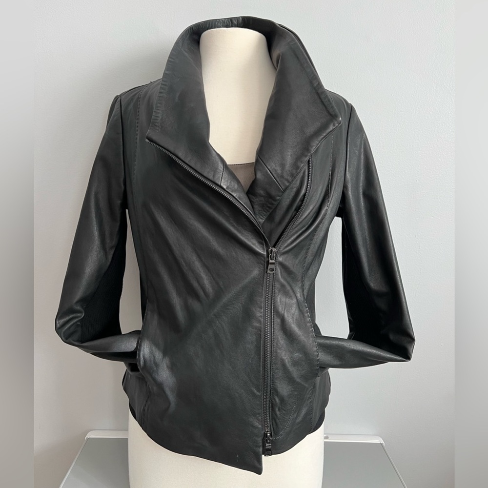 Vince Scuba Leather & Stretch Wool Panel Black Motto Jacket Womens L 8 - Picture 3 of 17